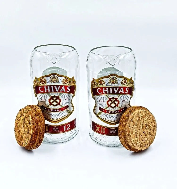 Elegant upcycled Chivas Regal glass jars retaining signature design, combining sustainability and luxury—ideal as home decor or eco-friendly gifts.