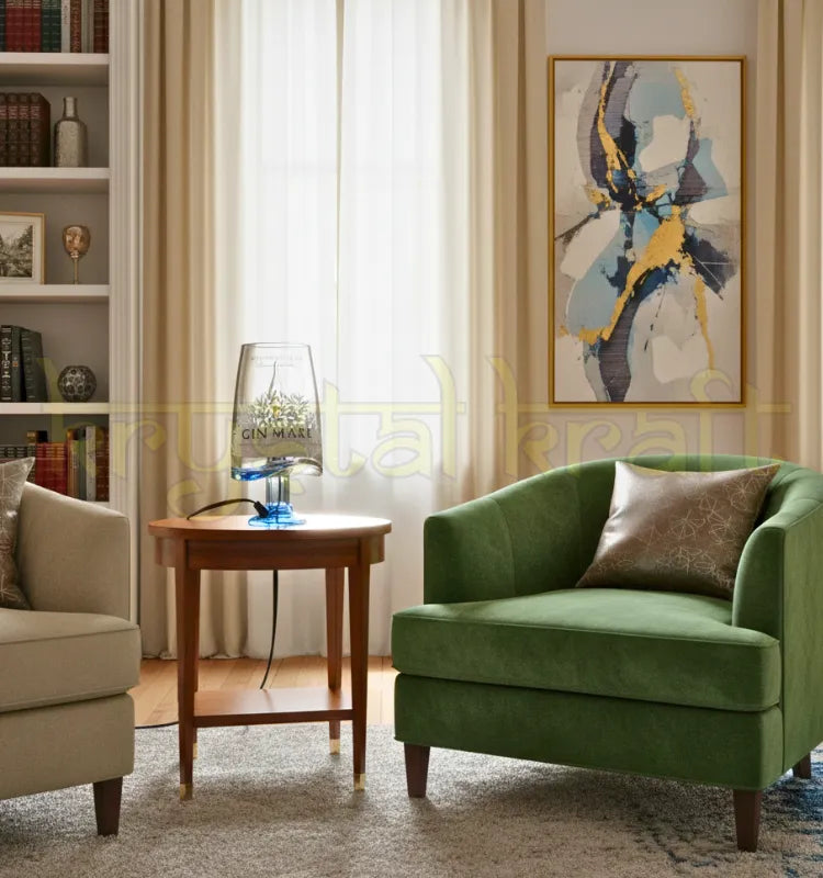 Eco-friendly handmade bottle lamp by Krystal Kraft crafted from a repurposed Gin Mare glass bottle. Ideal for home décor, festival celebrations, and thoughtful eco gifts, this sustainable LED or tea light lamp adds warm mood lighting and artisanal charm to any space.