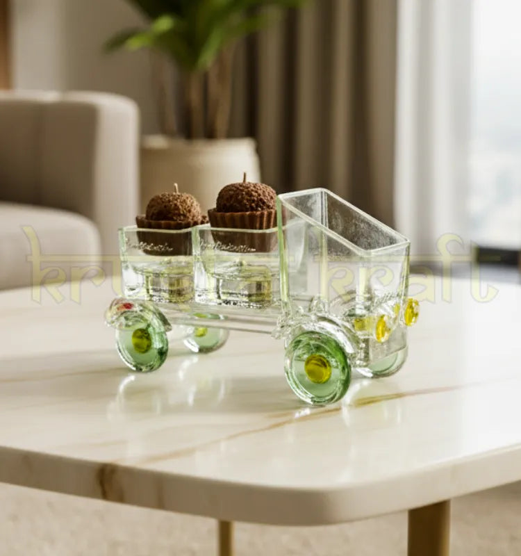 Vintage Tempo Candle Holder by Krystal Kraft – handcrafted from recycled glass bottles, featuring a rustic truck design with two tealight holders, weathered glass finish, and eco-friendly charm for cozy home décor.