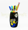 Eco-friendly hand-painted football minion design on an upcycled glass bottle — a playful mini décor piece perfect as a vase, pen stand, or gift item for eco-conscious homes.