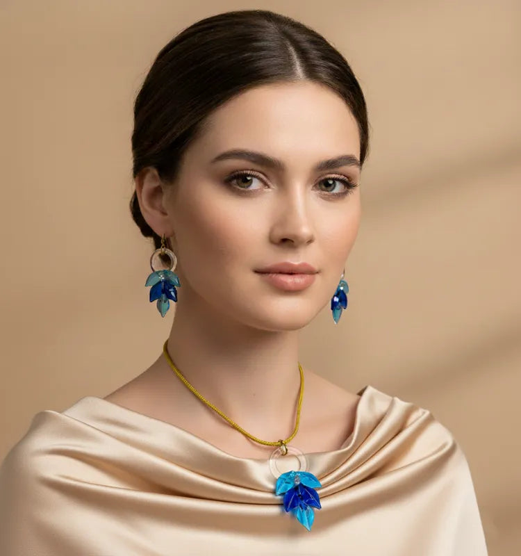 Handcrafted Glass Leaf Earring & Pendant Set by Krystal Kraft — front view