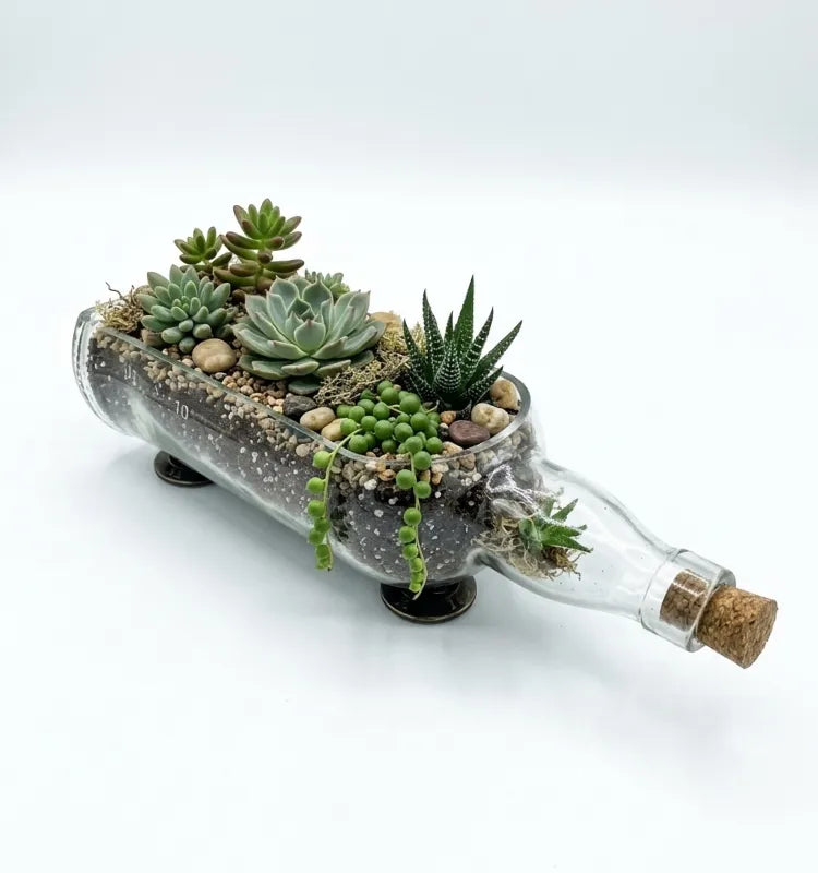 Close-up of handcrafted Glenlivet white glass bottle planter showing smooth cut rim and label detail