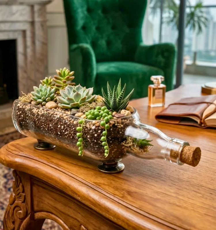 Table top Glenlivet white bottle planter, upcycled glass with money plant on a wooden table