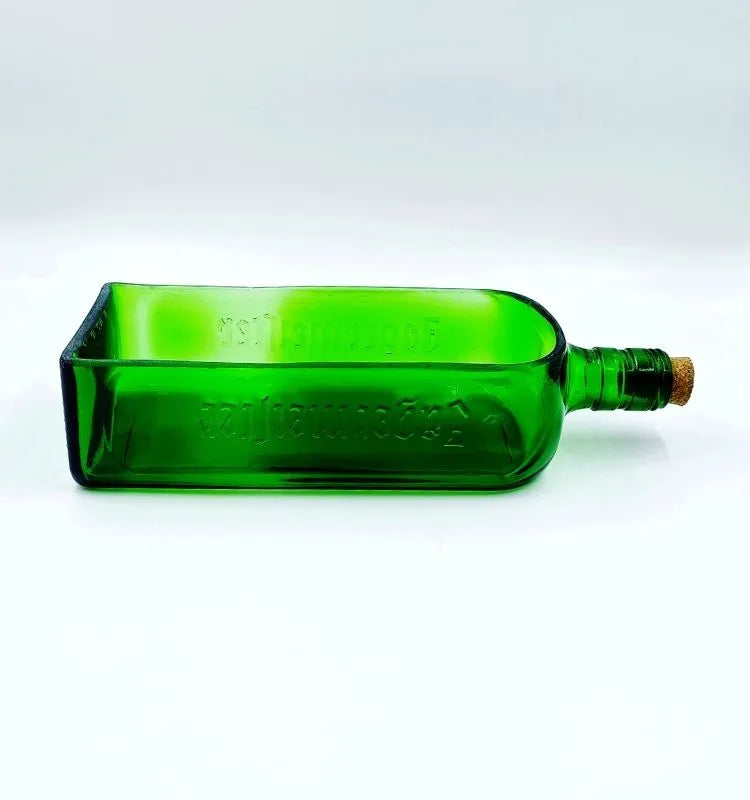 Close-up of hand-cut and polished edge on Jägermeister green bottle planter