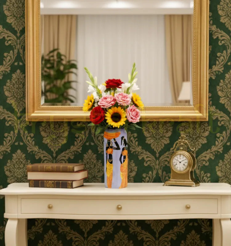 Elegant hand-painted African Lady vase made from a recycled glass bottle, featuring detailed tribal lady artwork and a glossy Liquitex protective finish for lasting beauty.