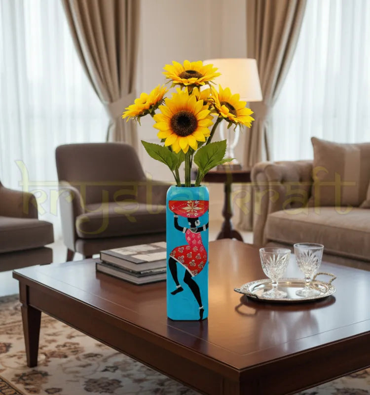 Hand-Painted African Lady Flower Vase crafted from recycled glass bottles by artist Farisa Merchant under the Krystal Kraft brand — featuring detailed acrylic artwork and a durable Liquitex seal for elegant eco-conscious décor.