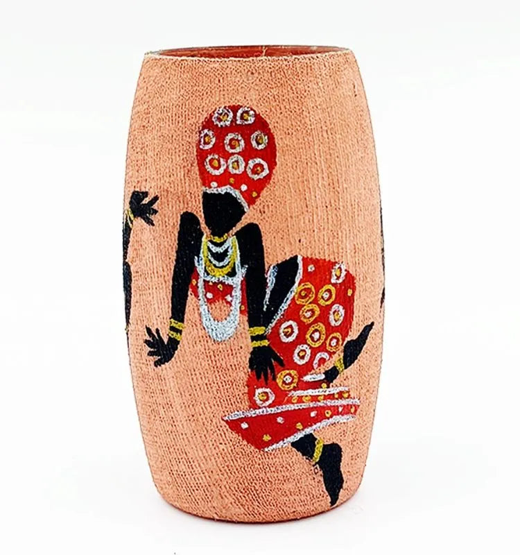 Artistic mini pink glass bottle hand-painted with a Dancing African Lady using acrylic colors — a sustainable, handmade décor vase with a durable transparent finish.