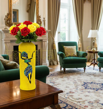 Hand-painted Dancing African Lady Vase created by artist Farisa Merchant using recycled glass bottles — detailed acrylic artwork sealed with Liquitex finish for lasting beauty and sustainability.