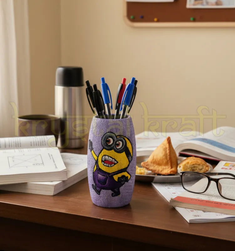 Hand-painted Laughing Minion art on a recycled Amul glass bottle by artist Farisa Merchant — featuring a cheerful yellow Minion design on a dark purple base with a glossy Liquitex finish.