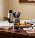 Hand-painted Laughing Minion art on a recycled Amul glass bottle by artist Farisa Merchant — featuring a cheerful yellow Minion design on a dark purple base with a glossy Liquitex finish.