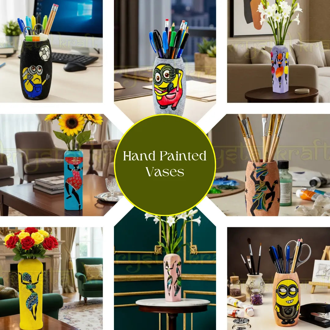 “Hand-painted upcycled glass bottle vases by Krystal Kraft – decorative eco-friendly bottle art for stylish home décor in India”