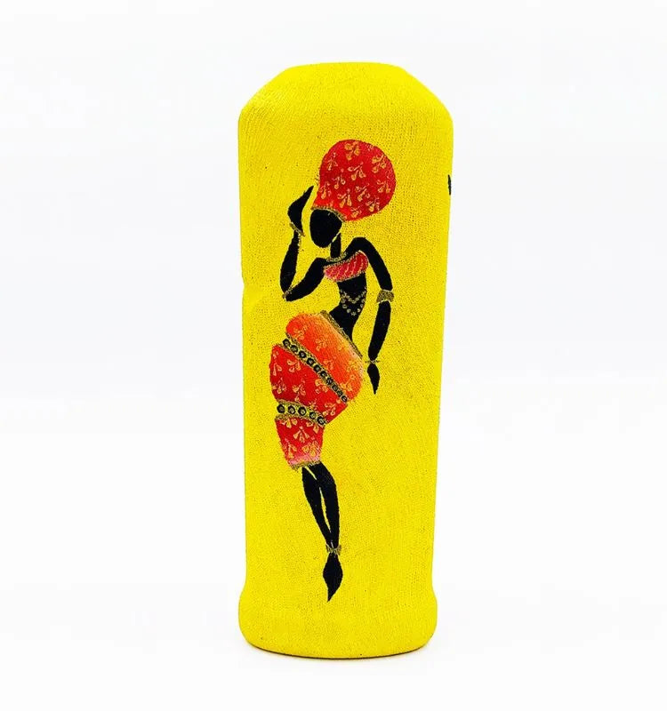 Upcycled glass bottle vase featuring a vibrant dancing African lady design, hand-painted with acrylic colors by Farisa Merchant — a one-of-a-kind handmade artistic centerpiece.