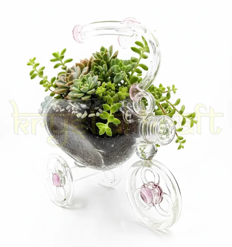 Artistic Dimple Tricycle Planter made from repurposed glass bottles with delicate color highlights — a one-of-a-kind handmade décor accent symbolizing creativity, sustainability, and elegance.