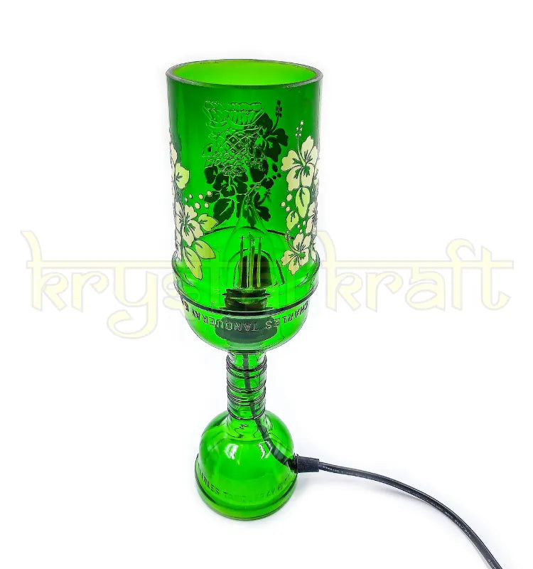 Close-up of hand-painted floral design on upcycled Tanqueray bottle lamp"