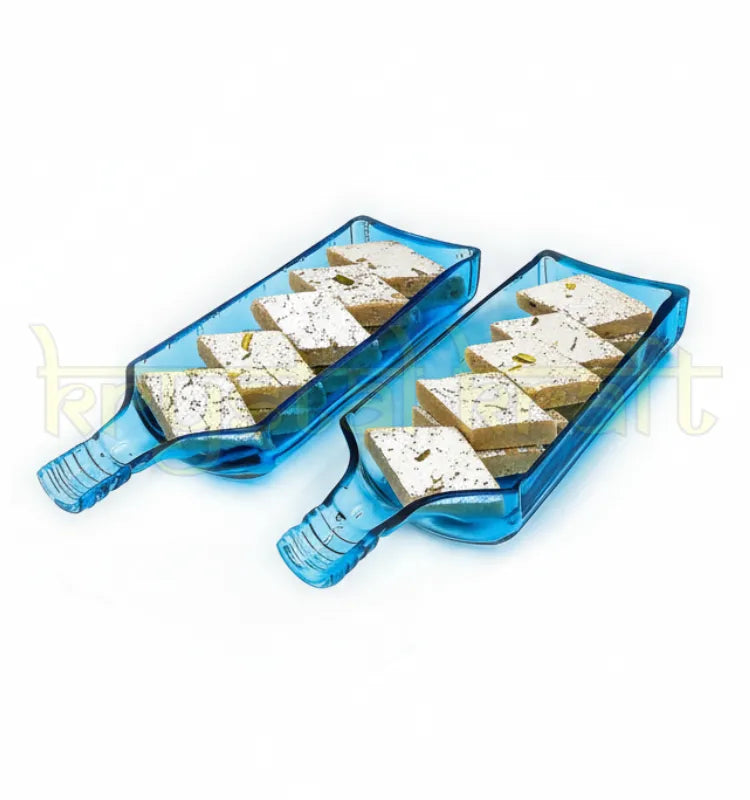 Handcrafted upcycled Bombay Sapphire glass bottle platter set of 2 for serving and gifting.