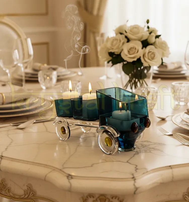 Handcrafted Glass Tempo by artist Raees Ahmed Merchant from Krystal Kraft – vintage-inspired upcycled black glass bottle sculpture with amber headlights and yellow highlights, ideal for home décor, collectors, or as a striking centerpiece.