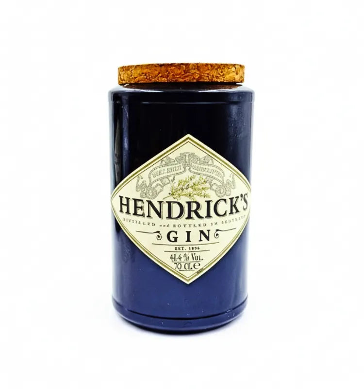 Beautifully handcrafted upcycled glass jar with Hendrick’s bottle-inspired design, showcasing a polished glass body and natural cork lid for airtight food storage.