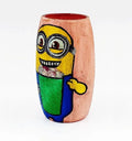 Delightful handmade recycled glass bottle featuring a cheerful Minion ice cream artwork on a pink base — perfect for gifting or table decoration.