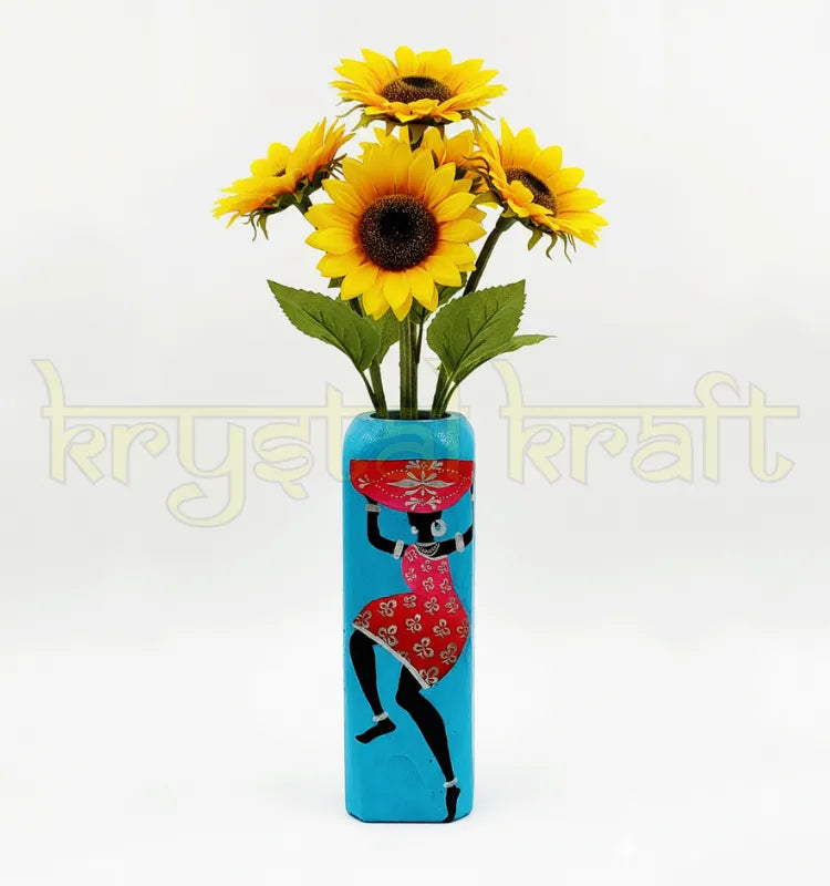 Hand-Painted African Lady Flower Vase crafted from recycled glass bottles by artist Farisa Merchant under the Krystal Kraft brand — featuring detailed acrylic artwork and a durable Liquitex seal for elegant eco-conscious décor.