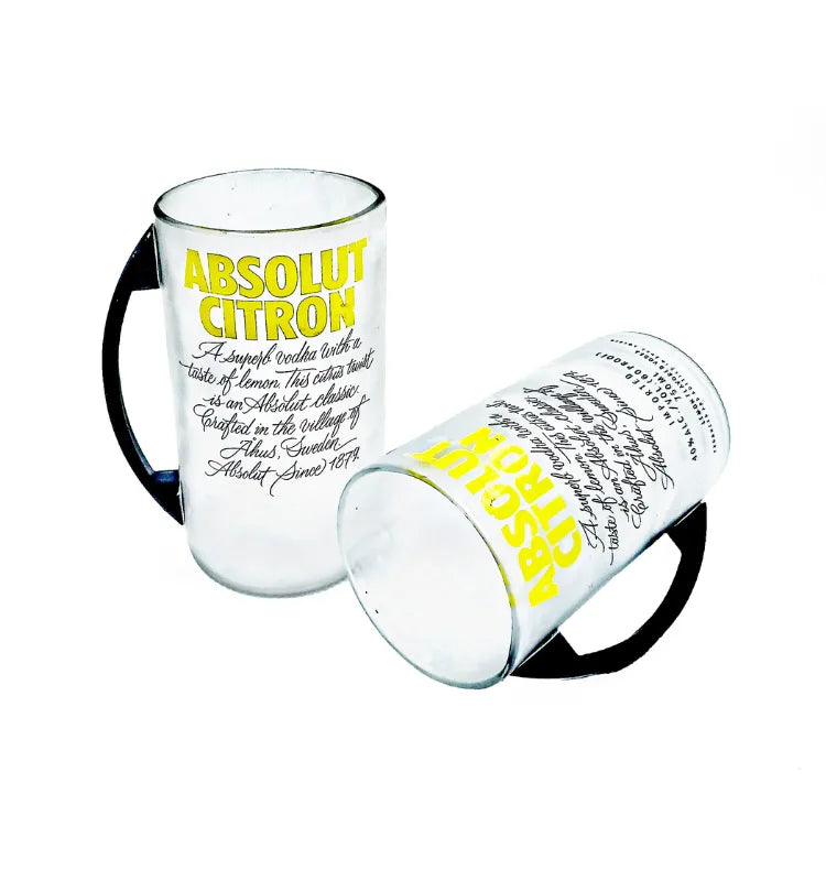 Eco-conscious upcycled Absolute Citron glass mug set handcrafted from recycled bottles for sustainable living