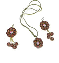 Close-up of eco-friendly handcrafted tatting lace necklace and matching earrings in pink floral design, made in India by Krystal Kraft.