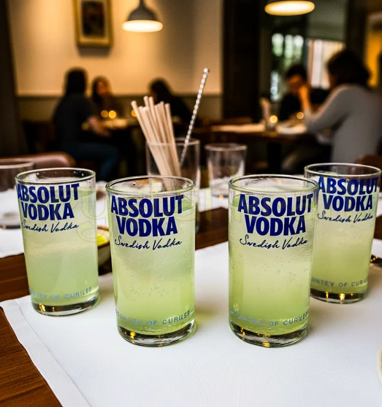 Eco-friendly tumblers handcrafted from recycled Absolut vodka bottles by Krystal Kraft, displayed as a sustainable glassware set of four.