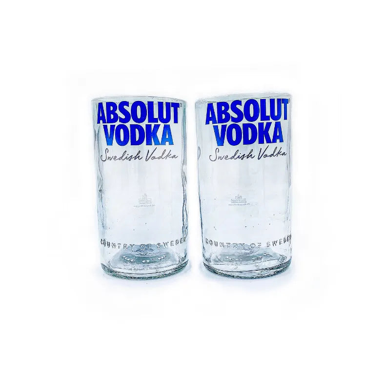 Handmade upcycled Absolut vodka bottle glasses repurposed into sustainable drinkware and eco-conscious home accessories
