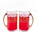 Pair of upcycled Absolut Raspberry bottle mugs with smooth polished finish and metal handles, ideal for coffee, tea, or cocktails in a sustainable, stylish way.”