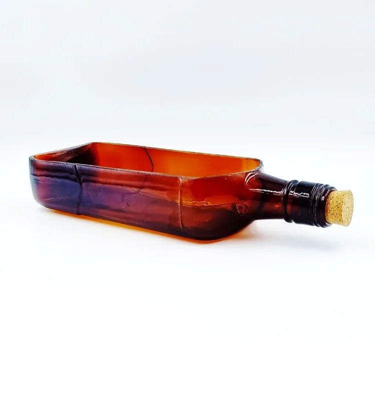 An elegant upcycled Ballantine bottle platter handcrafted by Krystal Kraft, combining functionality, eco-conscious design, and timeless elegance.
