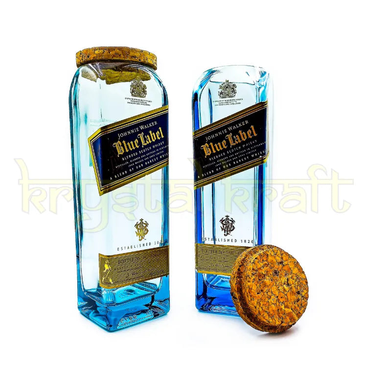 Unique upcycled bottle jar created from recycled liquor bottle.