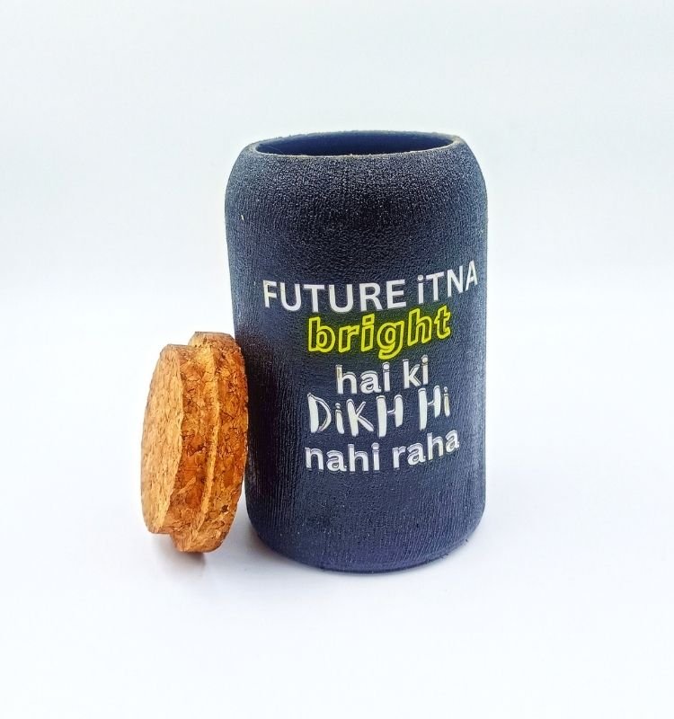 Eco-conscious upcycled glass jar made from a Jaisalmer bottle, featuring elegant design and inspirational text, perfect for storing essentials or decorating modern spaces.