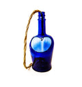 Unique handcrafted hanging planter made from recycled Antiquity Blue bottle with smooth edges and rustic jute rope.
