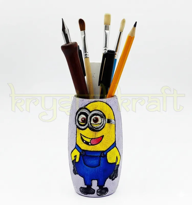 Eco-friendly handmade bottle art showcasing a cute Bob Minion on a pink base, painted with blue and yellow acrylics and sealed with transparent Liquitex.