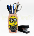 Eco-friendly handmade Buoyant Minion painting on a pink-based recycled glass bottle, crafted by artist Farisa Merchant — ideal for home, office, or gifting.