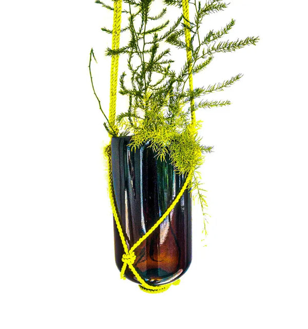 Upcycled 2L chemical brown glass hanging planter with jute rope, perfect for indoor and outdoor plants.