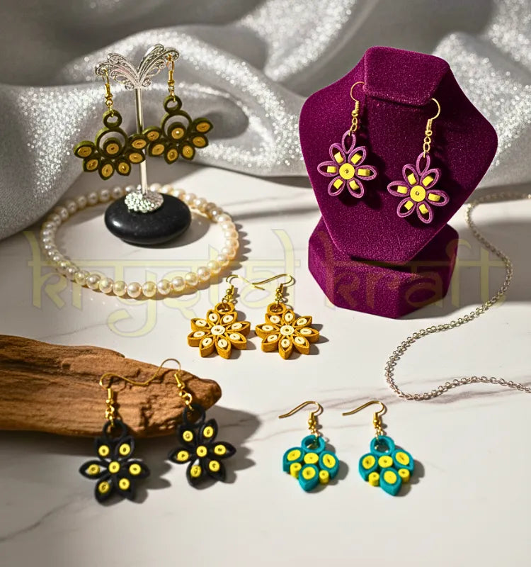 "Handmade eco-friendly paper quilling earrings set of 5 crafted by artist Farisa Merchant for Krystal Kraft."