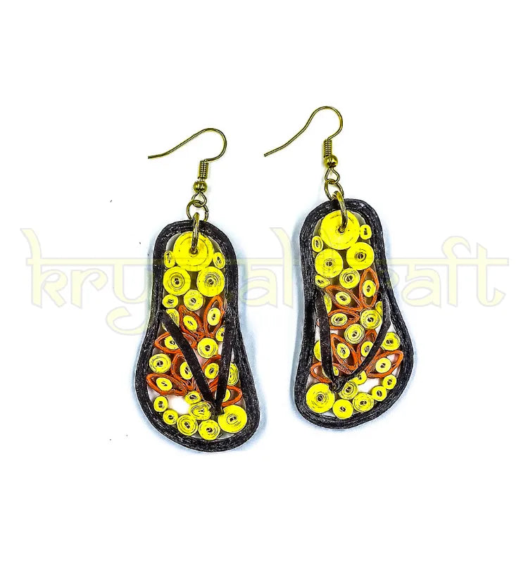 Handmade eco-friendly orange and yellow flip-flop paper quilling earrings by Krystal Kraft.