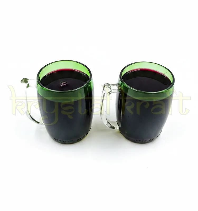 Handcrafted upcycled green glass bottle mug by Krystal Kraft designed for smoothies, juices, milkshakes, and artistic everyday drinkware use.