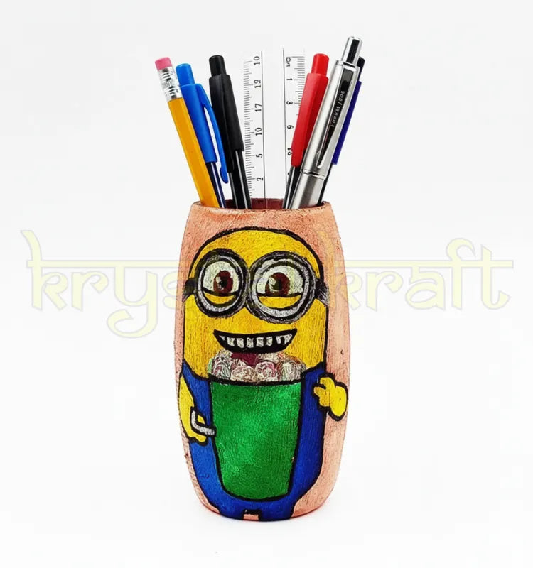 Recycled glass bottle hand-painted with a cute Minion enjoying ice cream on a pink base, crafted by Krystal Kraft as an eco-friendly mini vase or pen stand.