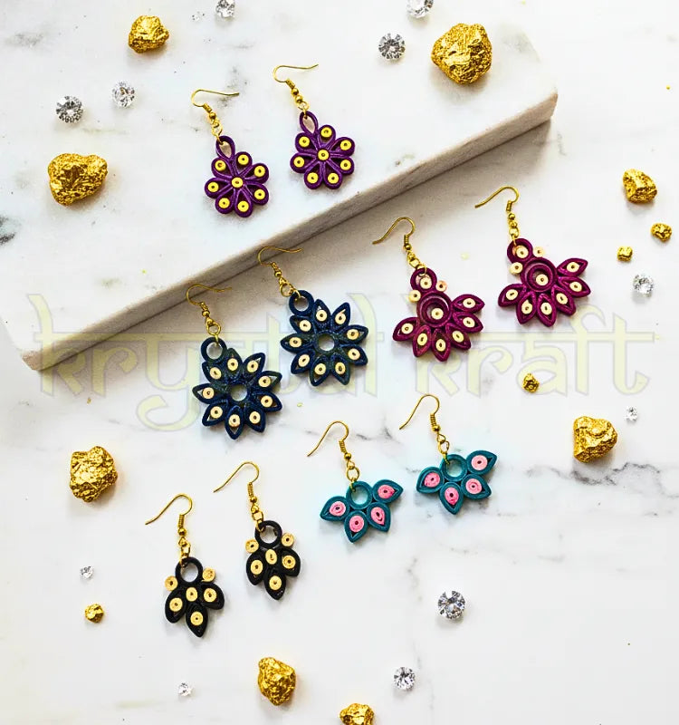 Paper quilling earrings set of 5 handmade by artist Farisa Merchant for Krystal Kraft.