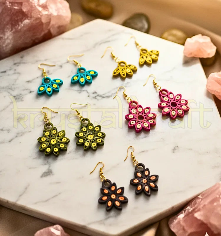 Set of 5 handmade paper quilling earrings by Krystal Kraft, eco-friendly lightweight jewelry crafted by Farisa Merchant