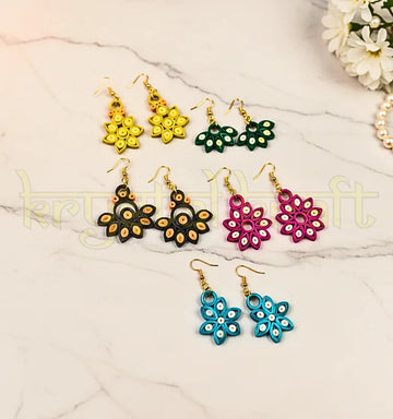 Image of a set of 5 handmade paper quilling earrings featuring colorful jhumka and stud designs, crafted by artist Farisa Merchant, displayed in a neat list of keywords for jewelry SEO.