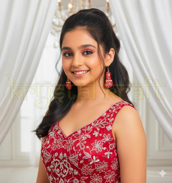 Model wearing Artisan Kolhapuri paper quilling earrings styled with traditional Indian outfit, showcasing lightweight sustainable earrings perfect for festivals and weddings.