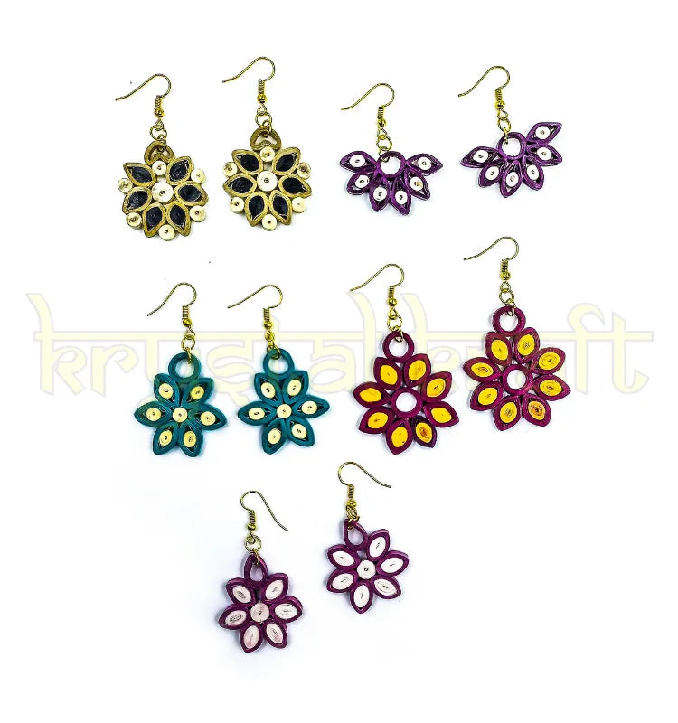 Colorful handcrafted quilling jhumka and stud earrings set of 5 made using sustainable paper quilling techniques.