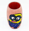Vibrant Minion-inspired recycled glass bottle with pink, blue, and yellow acrylic paint — a handmade eco-friendly art piece for home or office decoration.