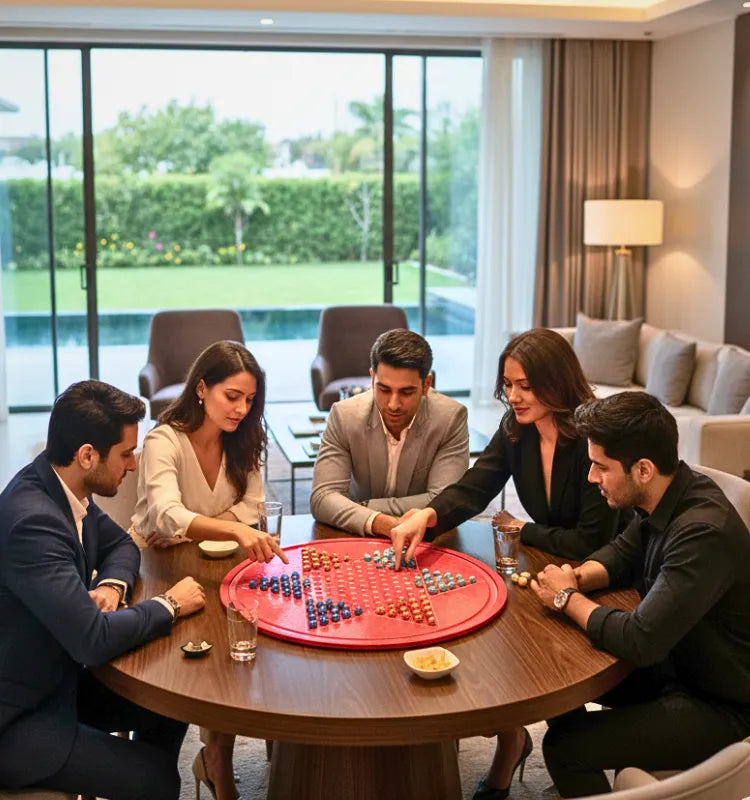 Premium handcrafted 23-inch wooden Chinese Checkers board game with marbles for 2–6 players.