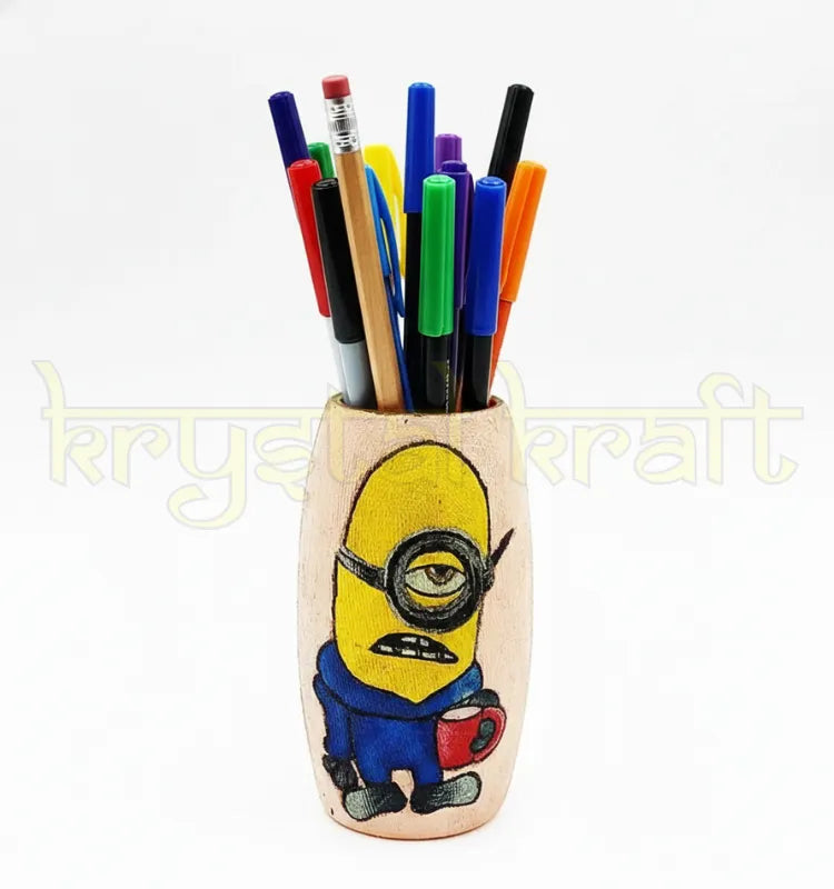 Recycled Amul mini glass bottle hand-painted with a Workaholic Minion design in blue and yellow hues on a pink base — a fun and sustainable handmade décor piece.