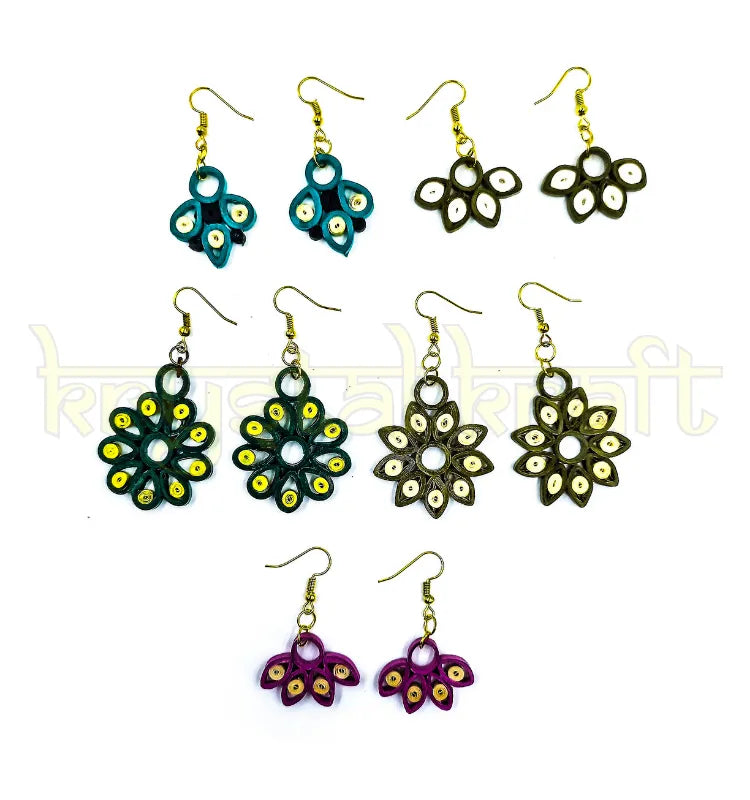 Multicolor sustainable paper quilling earrings set of 5 handmade by artisan Farisa Merchant for Krystal Kraft”