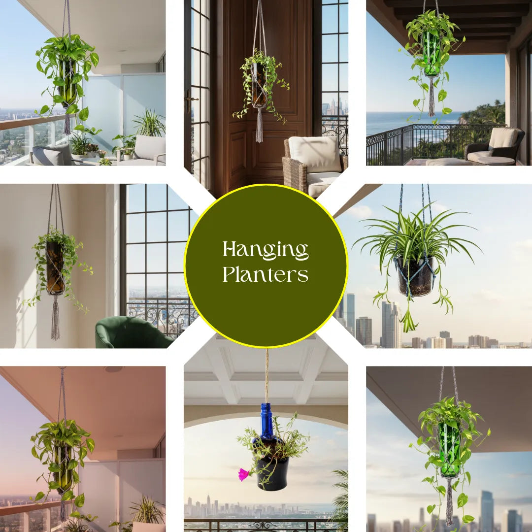 “Handcrafted hanging planters by Krystal Kraft – upcycled glass wine bottle planters for eco-friendly balcony and garden décor in India.”