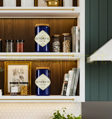 Handcrafted upcycled Hendrick’s-inspired glass jars with smooth finish and airtight wooden cork lids, perfect for sustainable kitchen storage and elegant home decor.